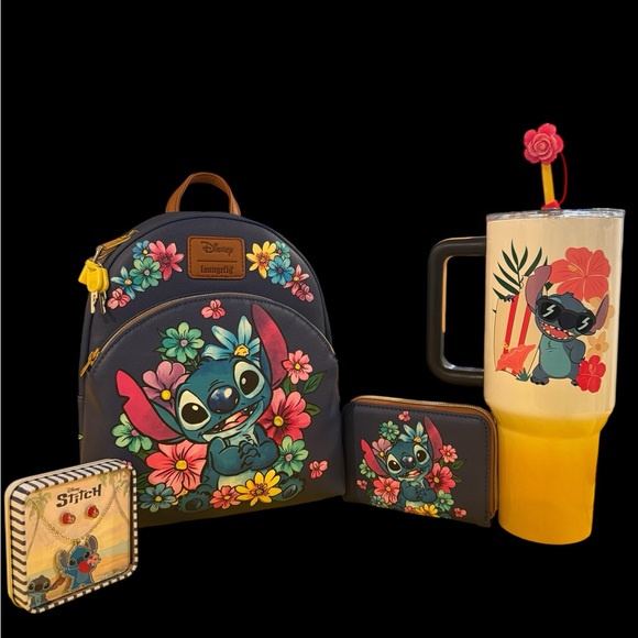 Loungefly Stitch Floral Backpack Wallet, Necklaces& Earing with a Tumbler Set - Picture 2 of 13